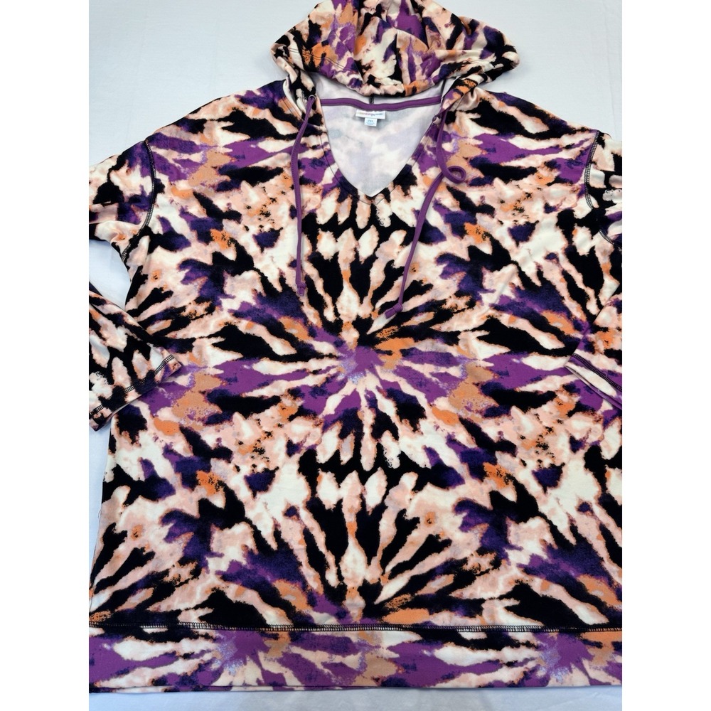 LuLaRoe 2XL Eliza Long Sleeve Top with Hood Purple Black Orange Tye-Dye EUC Soft